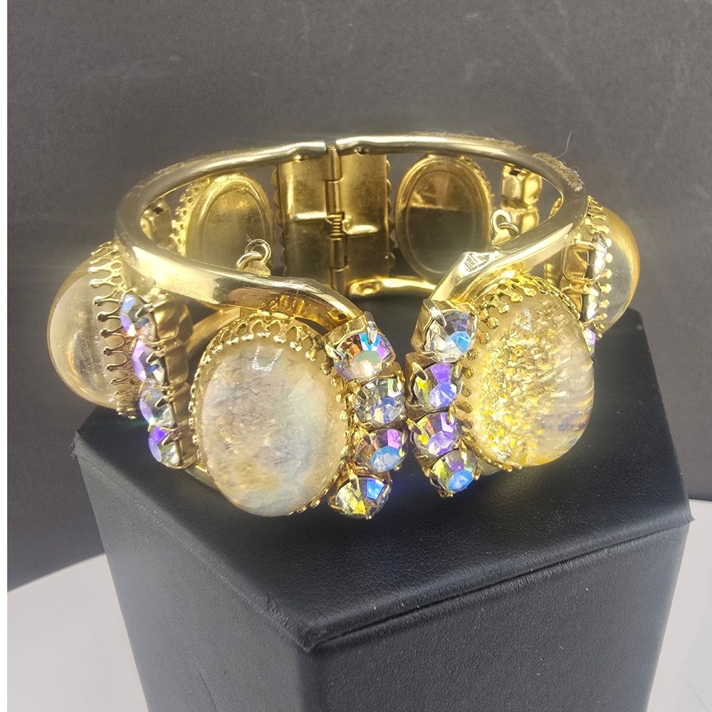 Vintage Estate Hinged Cuff Bracelet Gold Tone AB Rhinestone 6.25in